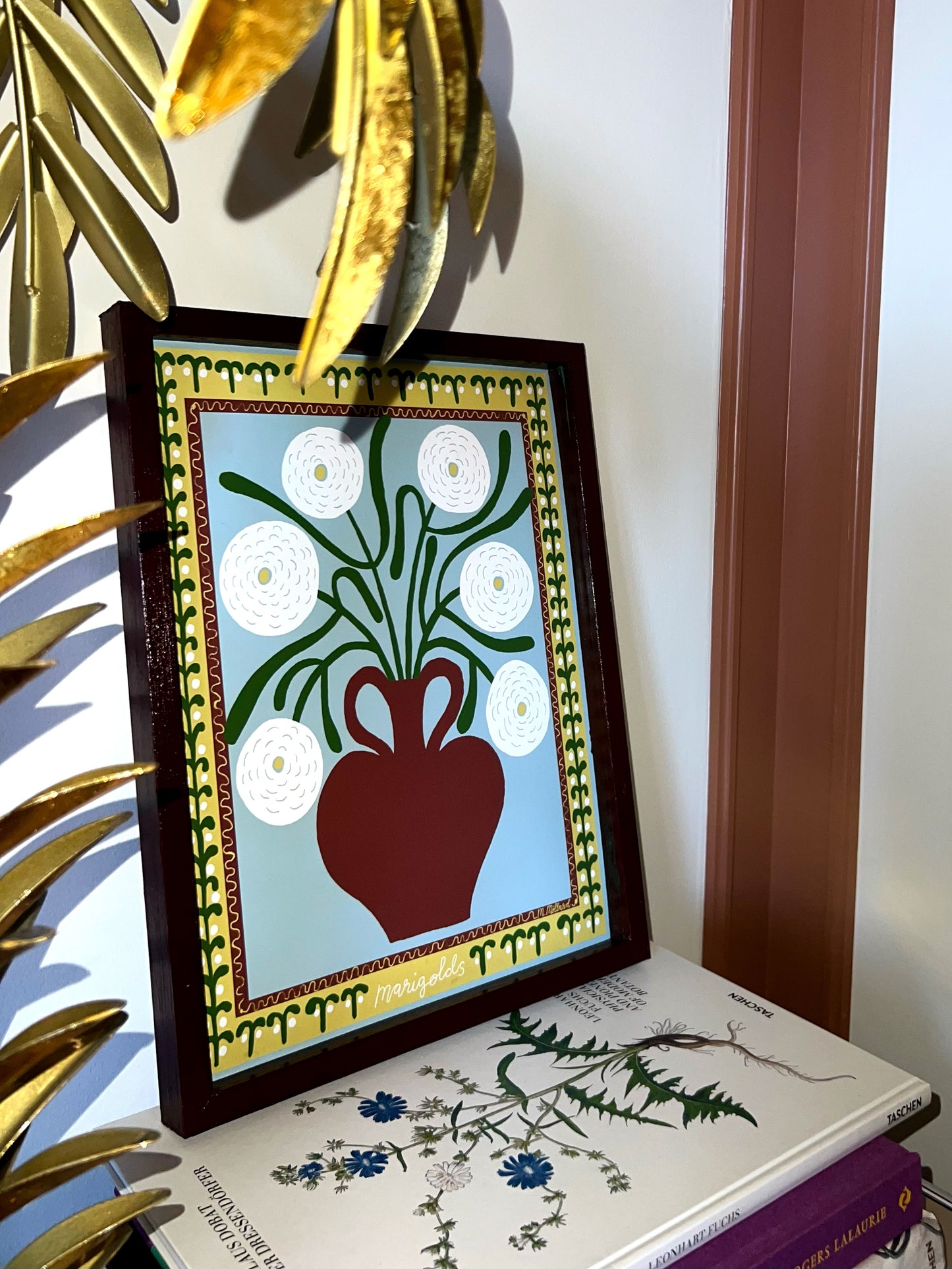 White Marigolds In Dark Brown Vase
