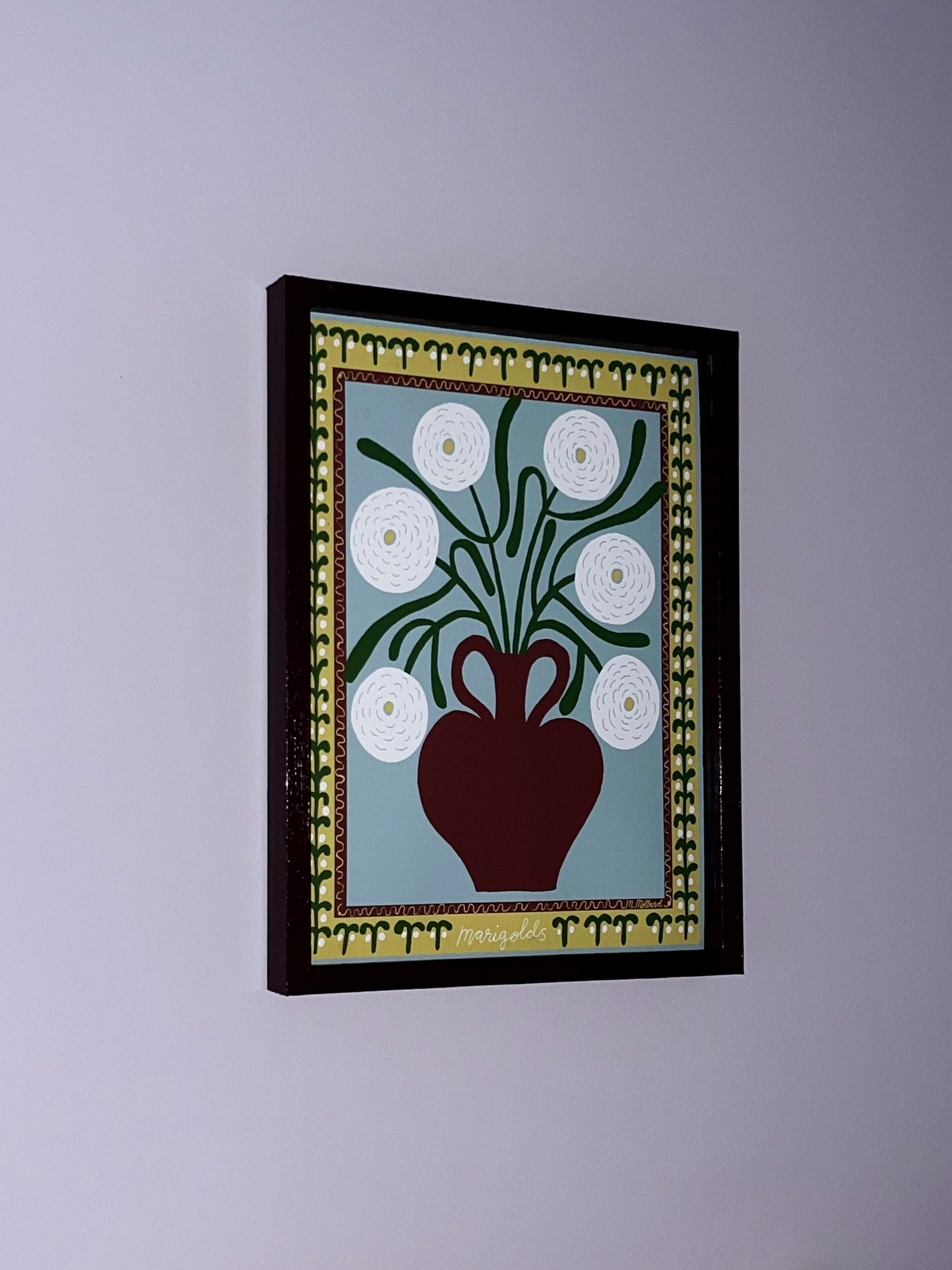White Marigolds In Dark Brown Vase